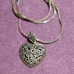 Sterling Silver Marcasite Heart Pendant & Necklace